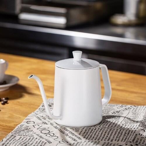 White Coating Stainless Steel Coffee Kettle Long Narrow 5mm Gooseneck Spout Pour Over Thin Mouth Retro Tea Pot with Lid 85DB