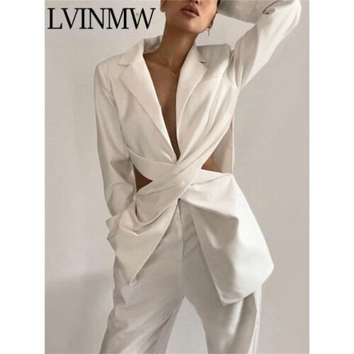 LVINMW Blazers White Notched Hollow Out Midriff Outfit Cross Folds Pad Long Sleeve Slim Blazer Women Low Cut Temperament Party