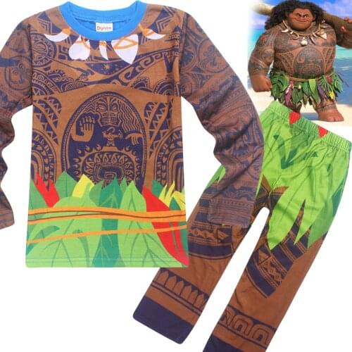 Maui Boys Sleepwear Moana vaiana Costume Girls Pajama Christmas Pyjama Kids Long Sleeve T-shirt+Print Clothing Set