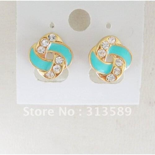 MIN ORDER/ONE PIECE/CUTE CROSSED ENAMEL CZ - YELLOW GOLD GP OVERLAY FILL BRASS HOOP 0.39" EARRING/FREE SHIPPING/GREAT GIFT
