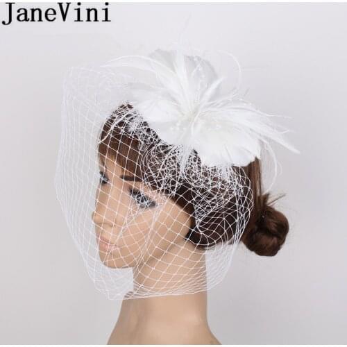 JaneVini 2020 New White Wedding Hat with Comb Veil Feather Wedding Hats Fascinators for Women Elegant Brides Hair Decoration