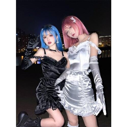 Original Black Sexy Suspender Skirt Lace 3D Floral Sleeveless Slim Pleats Dresses Goth Sweet French Hot Girl Retro Dress White