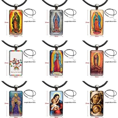 For Women Children Christian Mom Ever Virgin Mary Baby Jesus Steel Color Glass Cabochon With Rectangle Shaped Pendant Choker