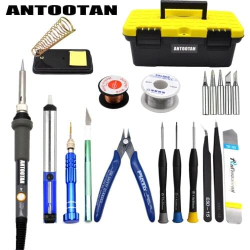 Soldering iron 220V 60W EU Plug Adjustable Temperature Soldering Gun Welding Rework Repair Tool With 5pcs Solder Tip Set box
