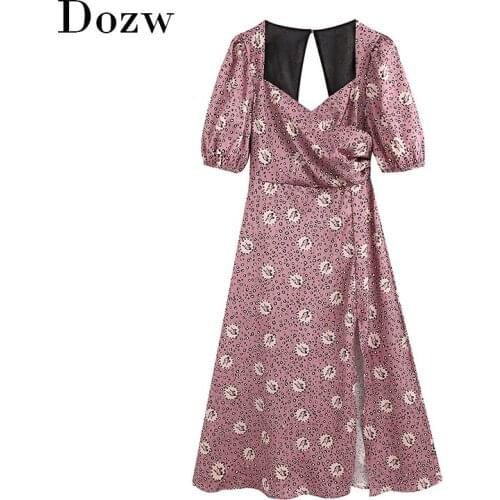 Print Midi Dress Lantern Half Sleeve Split Party Dress Women Hollow Out Chic Knee Length Dresses Lady Vestidos De Verano