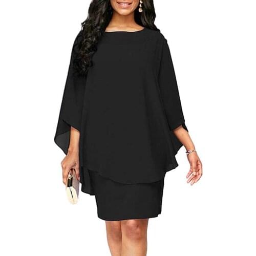 Women Plus Size Ruffles Batwing Half Sleeves Knee-Length Loose Asymmetrical Dress Office Lady Solid Color Chiffon Wrap Hip Dress