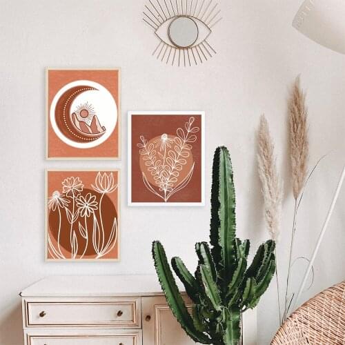 Bohemian Style Burnt Orange Poster Wall Art Print Sun Leaves Abstract Canvas Painting Picture Bedroom Nordic Interior Home Decor