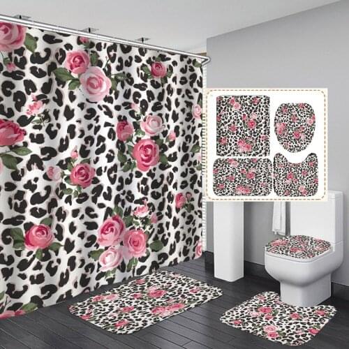 Leopard Pink Rose Shower Curtain Fashion Modern With Non Slip Rug Mat Bathroom Curtain Waterproof Polyester Home Decor 180cm