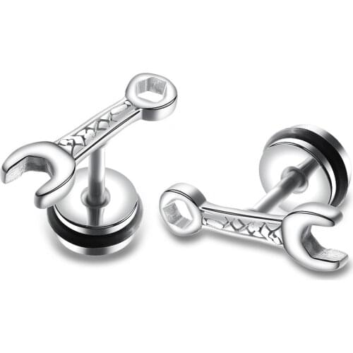 Cyue Men Fashion Hop Stainless Titanium Steel Tool Wrench Stud Earrings Three Color Punk Jewelry