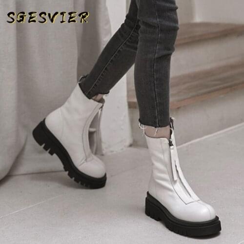 Sgesvier 2021 New genuine leather boots zip platform ankle boots round toe fashion autumn winter boots ladies casual shoes