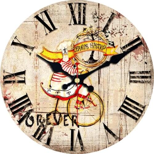 Shabby Chic Paris Bistro Chef Clocks Silent Living Room Kitchen Wall Clock Large Fat Chef Ride Bike Wall Wooden Clock 16 Inch