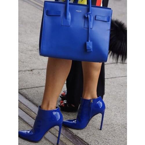 Blue Patent Leather Ankle Booties High Heel Stiletto Sexy Pointed Toe Side Zipper Solid Office Ladies Shoes Custom Made Big Size