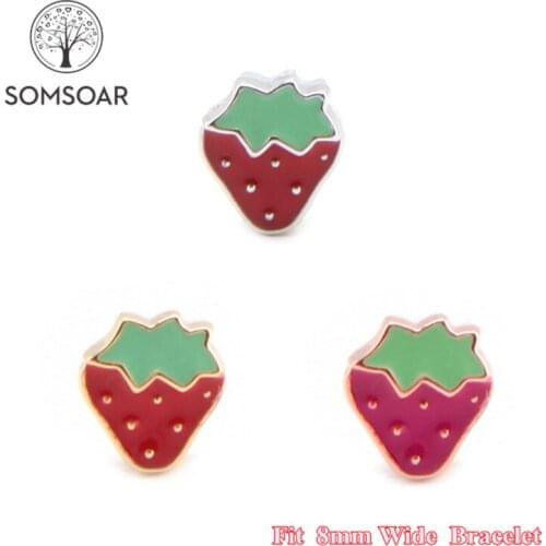 Somsoar Jewelry yummy Strawberry Slide Charm fit 8mm Wide Leather Wrap Bracelet Mesh Bracelet as Toddler/Women 10pcs/lot