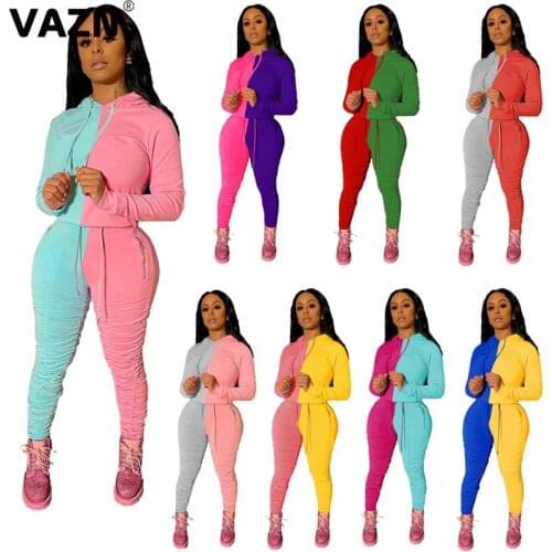 VAZN Casual special 2020 early autumn sexy lady 8 colors 2-piece long set hooede full sleeve fleece long pants set pockets set