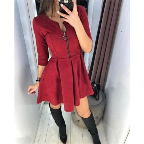 Spring Fashion Casual Three Quarter Sleeve O Neck Four-leaf Zip Dress Party Prom Sexy Dresses Female Vintage Vestidos Red Pink