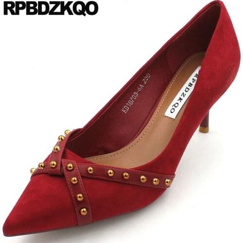 Runway ladies 2019 thin unique scarpin red stiletto pumps suede luxury black rivet shoes metal stud fur pointed toe high heels
