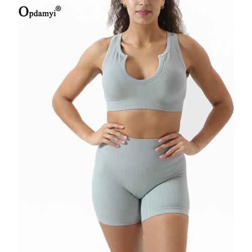 2021 Seamless Women Yoga Set 2Pcs Workout Clothes Ribbing Sport Bra U-neck Gym Fitness Short Sleeve Crop Top Sports Legging Set