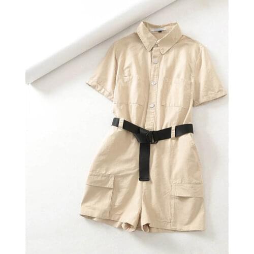 2019 summer new hot-selling jumpsuit female European and American ins front buckle belt tooling shorts