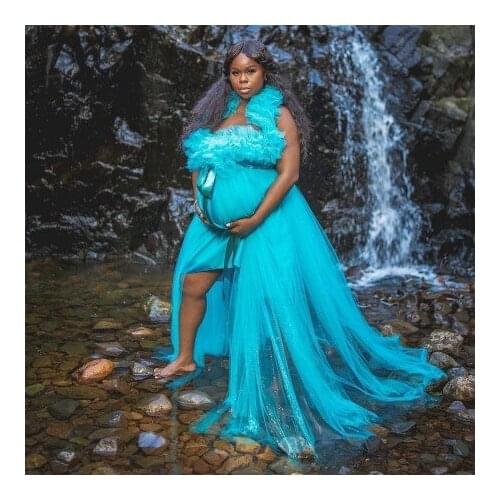 Light Sky Blue Tulle Maternity Gowns Halter Ruffles Sheer Pleated Flares Women Prengnacy Dresses Robes For Photo Shoot