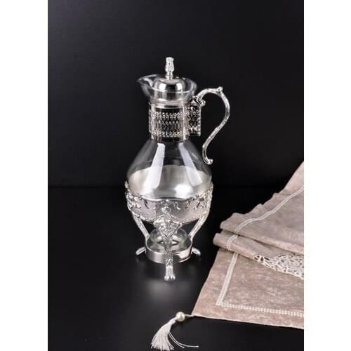 Gold Embroidered Bottom Isıtıcılı Silver Fondue Pot Urn Gold Turkish Tea Arab Exotic East Tea Sets Candle Heated Glass