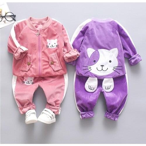 Cartoon Cat Baby Girls Clothes Zipper Coat Pant 2pcs Kids Suits for Girls 2020 New Spring Fall Children Clothing Set Pink Purple