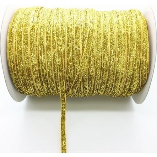 Free Shipping 5 yds 1/4 "(6mm)Wide Glitter Velvet Ribbon Headband Clips Bow Decoration Golden #6mRS25