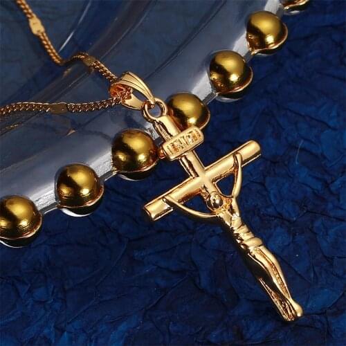 Gold Color Cross Crucifix Pendant Necklace Jesus Filled Christian Catholic Cross Chain Jewelry