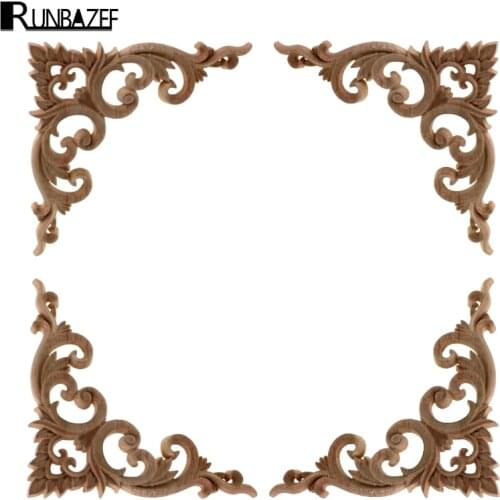 RUNBAZEF Decorative Wood Appliques Carving Frame Furniture Cabinet Door Nautical Home Decor Wooden Figurine Flower Pattern Carve