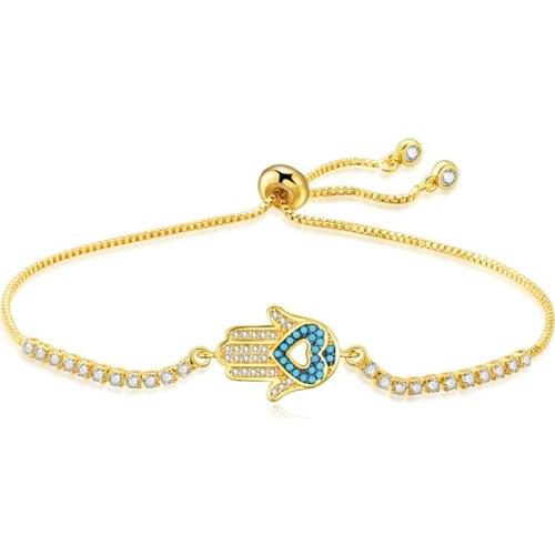Hamsa Copper Bracelet,Fashion Zircon Lucky Jewelry,Women Heart Charms Gold Box Chain Adjustable Bracelet Princess Dress Bracelet
