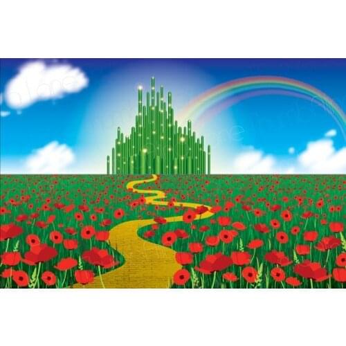 Emerald Party Wizard Rainbow flower field clouds backdrops High quality Computer print party background