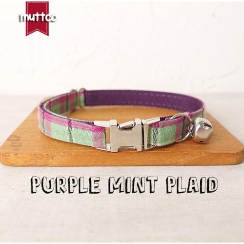 MUTTCO Retailing cute and pretty self-design personalized cat collars PURPLE MINT PLAID handmade collar 2 sizes UCC099