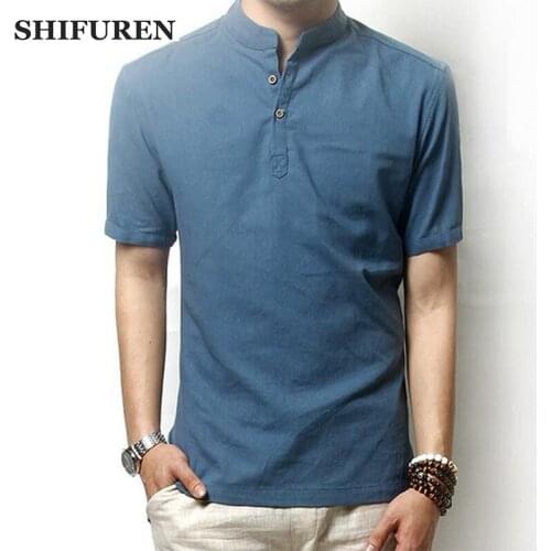 SHIFUREM New Summer Causal Men Linen Cotton Shirts Short Sleeve Soft Breathable Chinese Mandarin Collar Male Dress Shirts Tops