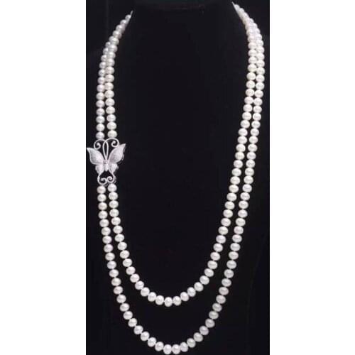 NEW butterfly Double row AA7-8mm white natural freshwater necklace inlay zircon 30"
