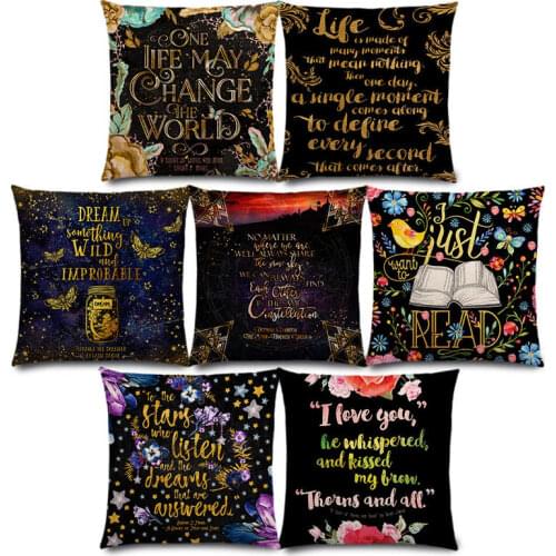 New Black Golden Floral Pattern Beautiful Language Gorgeous Words Decorative Letters Story Text Cushion Cover Pillow Case