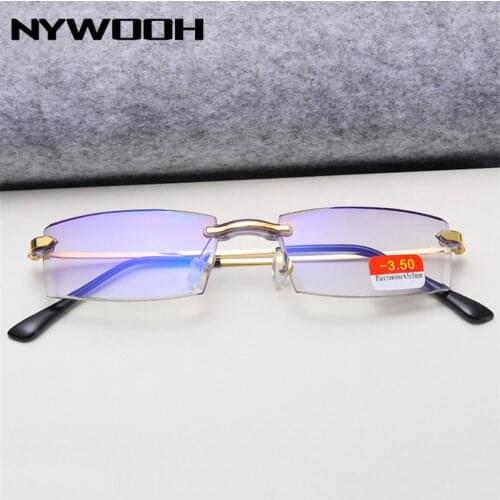 NYWOOH Finished Myopia Glasses Women Men Anti-blue Light Business Nearsighted Eyeglasses Rimless Resin Spectacles Unisex -4.0