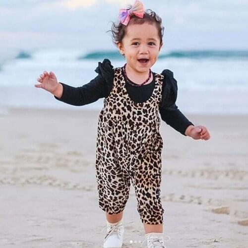 Baby Girl Casual Long Sleeve Tops T-shirt Leopard Suspenders Pants Outfits Set 1-6Y Autumn f