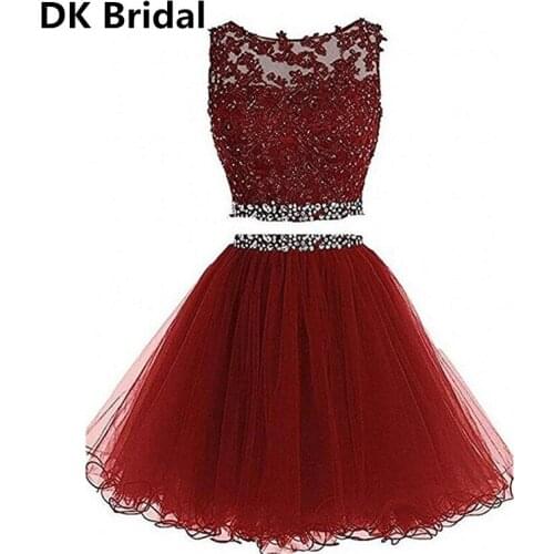 Real Sample Burgundy Short Prom Dress 2 Piece Crystal Dress Lace Appliques Tulle Puffy Party Dress 2019 Vestidos Coctel
