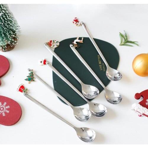 Stainless Christmas Spoon New Year 2021 Xmas Party Table Ornaments Coffee Spoon Christmas Decorations For Home Kitchen Tools