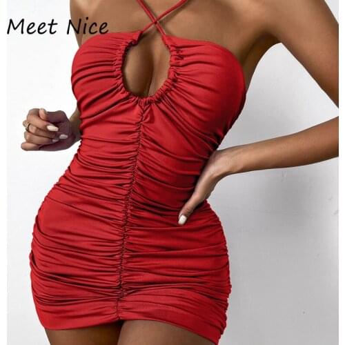 Sexy Spaghetti Strap Hollow Out Ruched Mini Dresses Women Bodycon Dress Red Backless Nightclub Evening Party Pleated Dress