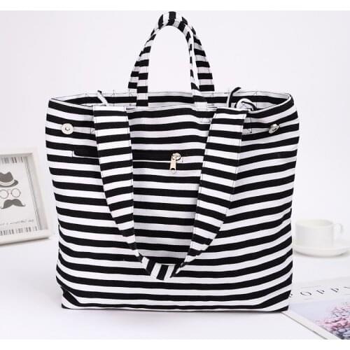 2019 Canvas Fashion Durable Women Black and white stripes Shoulder Bag Shopping Tote Flax Cotton Shopping Bags Maximal