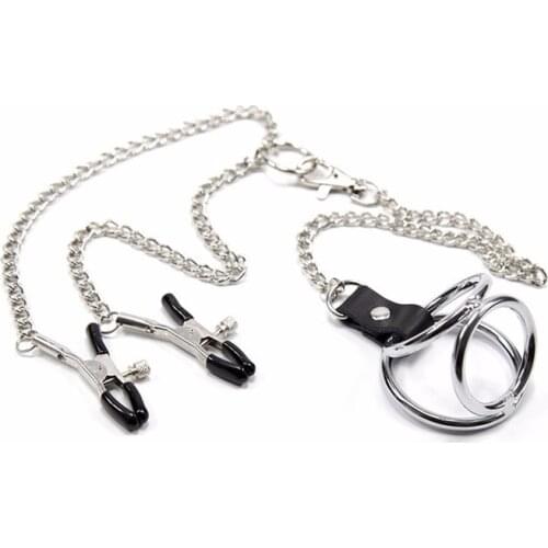 Adult Products S.S. Chain Breast Clip Binding BDSM Sex Toys Nipple Clamp Penis Three Rings Cage Cock Sleeves Dildos Cover