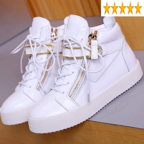 High Mens Brand Top Designer Sneakers Casual Zipper Crystal Lace Up Thick Platform Unisex Genuine Leather Joggers Shoes