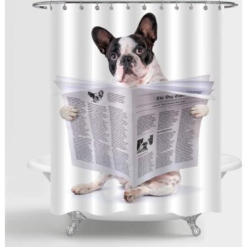 Shower Curtain, Funny French Bulldog Reading Newspaper Painting Bathroom Accessories for Pet Themed Baby Kids and Animal
