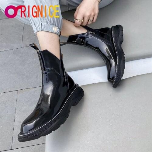 Orignice 2021 Hot Sale Square Heel Platform Patent Leather Women Ankle Boots Round Toe Zip Autumn Winter Casual Shoes Ladies