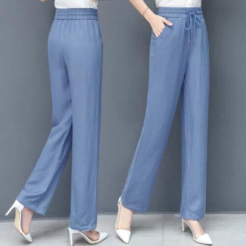 Thin Tencel Denim Wide-leg Pants Womens Summer 2021 New High Waist Loose Slim Casual Ice Silk Wide Leg Pants Female Plus Size
