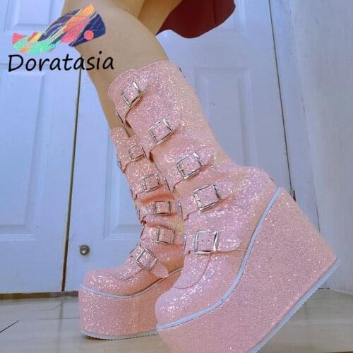 DORATASIA INS Hot Brand Women Boots Zipper Heart Buckle Wedges Platform Womens Boots Cool Goth Cosplay Bling Cute Shoes