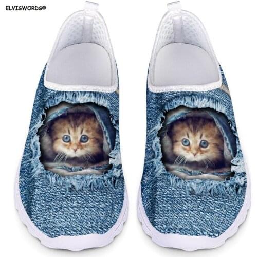 ELVISWORDS Air Mesh Women Denim Style Flats Shoes Woman Cute Jeans Animal Cat Pattern Ladies Mesh Light Shoes for Female Zapatos