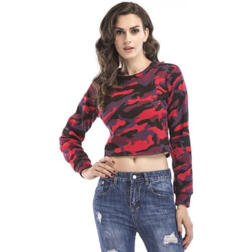 YYFS 2019 New Camouflage Print Women Long Sleeve Short Sweatshirt Female round neck long sleeve pullover woolen Sweatshirt Women
