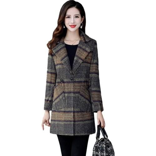 Mom Winter Woolen Coat Outside Wear Woman Fashion Mid-Length Loose Plus Cotton Trench Coat Womens Plus Size Plaid Woolen Coats