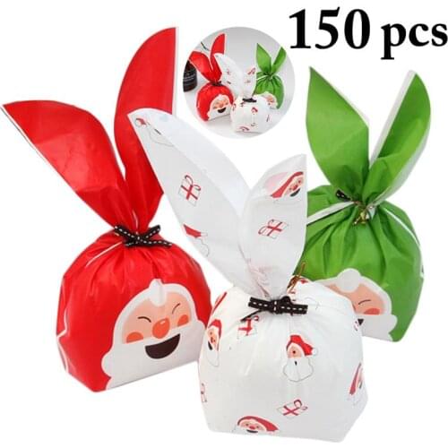 150pcs Merry Christmas Gift Bags Santa Claus Rabbit Ear Cookie Packing Bags Happy New Year 2019 Christmas Candy Bags Navidad